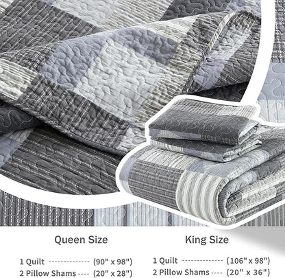Homzard Quilt King Size - Grey Cotton Quilt Bedding Set,Gray White Plaid Comforter Set, Farmhouse Bedspread for King Size Bedding (106 * 98 Inches),3 Piece