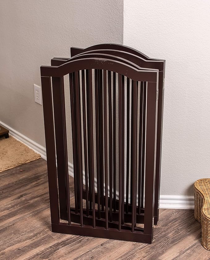 INTERNET'S BEST Arched Top Dog Gate | 4 Panel, 36" H Wooden Pet Barrier for Dogs or Cats | Freestanding Folding Room Divider for Doorways, Hallways, Stairs, and Porch | Portable, Extra Wide | Espresso