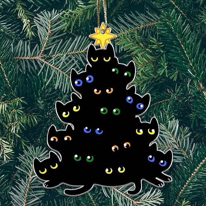 Black Cats Acrylic Christmas Ornament – Cat Eyes Christmas Tree Shape – Funny Cat Lover Holiday Hanging Decoration Gift