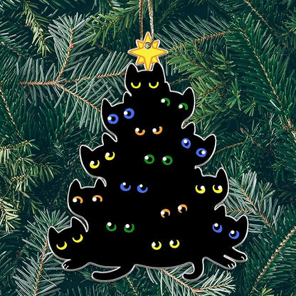Black Cats Acrylic Christmas Ornament – Cat Eyes Christmas Tree Shape – Funny Cat Lover Holiday Hanging Decoration Gift