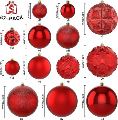 87ct Christmas Ball Ornaments Set Shatterproof Seasonal Hanging Decorations with Reusable Hand-held Gift Package for Xmas Tree Holiday Party and Home Decor, Red