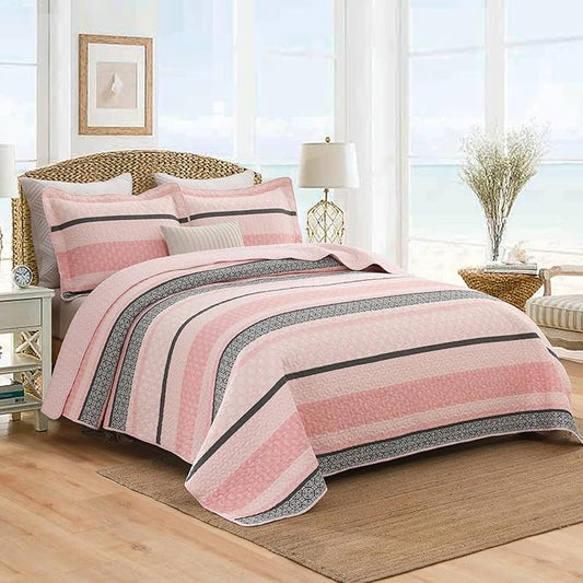 Homzard King Size Comforter Set, Cotton Quilt,Light Pink and Grey Bedding Set,Lightweight Striped Bedspread, Reversible Coverlet King Size (106"X98") with 2 Pillow Shams All Season