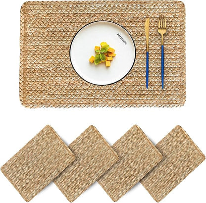 Woven Placemats Set of 4 Rattan Placemats Rectangle Natural Placemats Wicker Heavy Braided Straw Placemat Farmhouse Square Plates Place mats for Indoor/Outdoor Patio Table 17.7'' X 11.8''