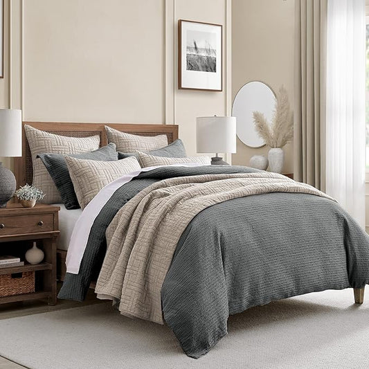 Levtex Home - Cloud Waffle Comforter Set - King Comforter + Two King Pillow Cases - Waffle Weave - Charcoal - Comforter (106 x 94in.) and Pillow Case (36 x 20in.) - Cotton