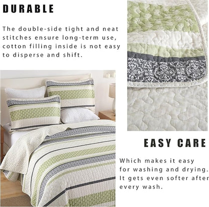 Homzard Quilts Queen Size,Cotton Queen Comforter Set,Green Beige Grey Quilt Bedspread Set,Striped Bedding,Cotton Lightweight Bed Comforter All Season 3 Piece