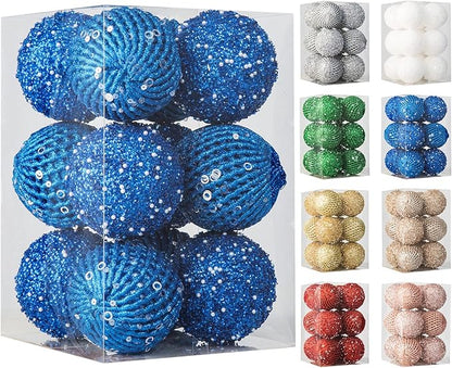 3.15" Christmas Ball Ornaments Glitter Shatterproof Christmas Tree Ornaments Sequin Xmas Hanging Balls Decorations for Wedding Party Holiday(Sapphire, 12pc-8cm)