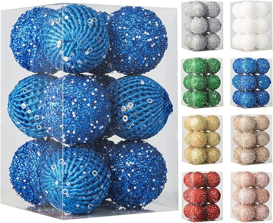 3.15" Christmas Ball Ornaments Glitter Shatterproof Christmas Tree Ornaments Sequin Xmas Hanging Balls Decorations for Wedding Party Holiday(Sapphire, 12pc-8cm)