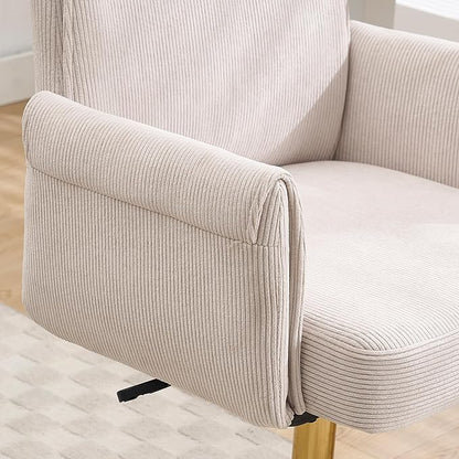 Striped Velvet Office Chair, 360° Swivel Ergonomic Task Chair with High Back, Gold Base and Wheels, Height Adjustable Modern Accent Chair for Home Office, Living Room, Study, Vanity Room (Cream)