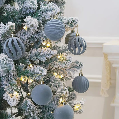 3.15inch Dusty Blue Velvet Christmas Ornaments for Xmas Tree, 12 pcs Flocked Christmas Balls Set Assortment for Holiday Decor