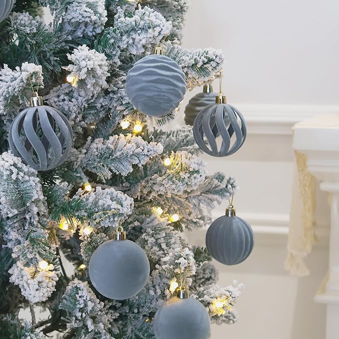 6inch Big Dusty Blue Velvet Christmas Ornaments for Xmas Trees, 2 pcs Flocked Christmas Balls Sets for Holiday Decor