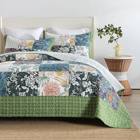 mixinni Sage Green Floral Quilt Set King Size, 100% Cotton Reversible Lightweight Bedspread, 3 Pieces Garden Style Patchwork Coverlet Set with 2 Matching Pillow Shams for All Seasons (106"x98")