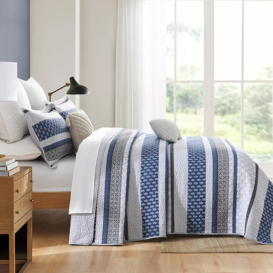 Homzard Quilt Bedding Set Queen Size - 100% Cotton Comforters Set Queen Size,Gray Blue Quilts Bedspread for The Bed, Farmhouse Lightweight Bedding (90 * 98 Inch) and 2 Pillow Shams All Season