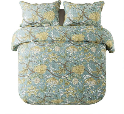 NEWLAKE Cotton Bedspread Quilt Sets-Reversible Patchwork Coverlet Set, Green Floral Pattern, King Size
