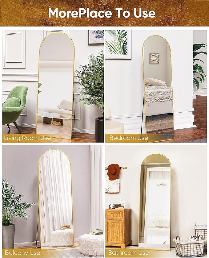 Antok Floor Mirror, 64"x21" Full Length Mirror with Stand, Arched Wall Mirror, Glassless Gold Floor Mirror Freestanding, Wall Mounted Mirror for Bedroom Living Room (Gold)