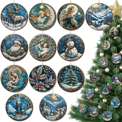 Suzile 36 Pcs Christmas Wooden Ornaments Navy Blue Christmas Tree Decoration Retro Round Nativity Scene Snowman Ornaments Vintage Xmas Hanging Decoration for Farmhouse Home Wreaths Winter Party