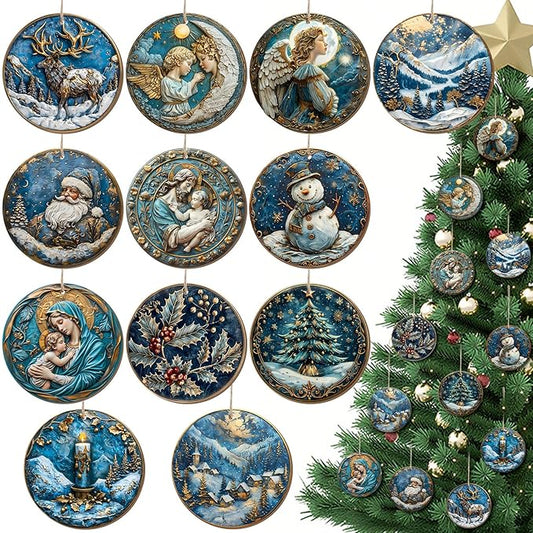 Suzile 36 Pcs Christmas Wooden Ornaments Navy Blue Christmas Tree Decoration Retro Round Nativity Scene Snowman Ornaments Vintage Xmas Hanging Decoration for Farmhouse Home Wreaths Winter Party