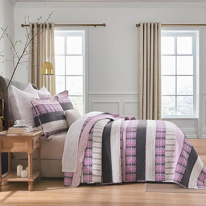 Homzard King Comforter，Cotton King Size Quilt，Pink Black Beige Bedding Set，Plaid Striped Bedspread，Lightweight Reversible Coverlet All Season 3 Pieces