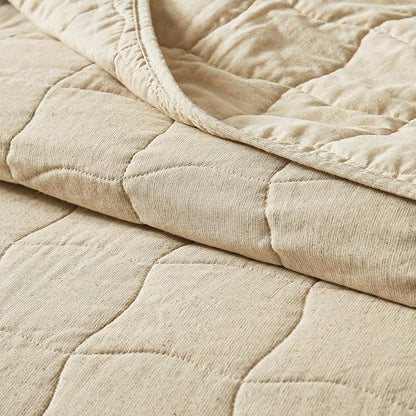 Wonderful Natural Linen Cotton Quilt Set Queen Size, 100% Cotton Back and Filling, 3 Piece Pre-Washed Beige Bedding Cover, Wavy Box Stitched Bedspread Coverlet Bedding Set All Seasons, 94"x94"