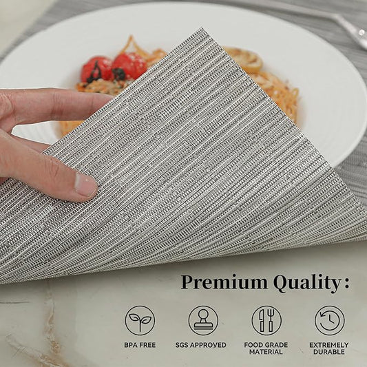 Leetaltree Sliver Placemats Set of 4 - Heat Resistant Non-Slip Place mats for Dining Table, Washable Durable PVC Vinyl Woven Table Mats（Sliver, 4）