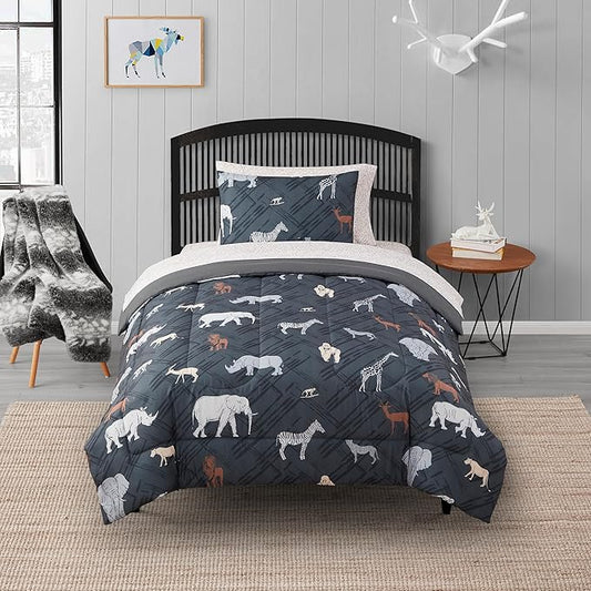 Kids Bedding Set Bed in a Bag for Boys and Girls Toddlers Printed Sheet Set and Comforter, Twin, Safari