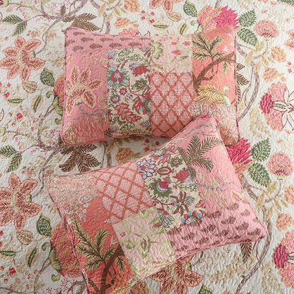 NEWLAKE Cotton Patchwork Bedspread, 3-Piece Bedding Quilt Set with Real Stitched Embroidery, Reversible Matelasse Bed Coverlet Set,Bohemian Floral,California King Size