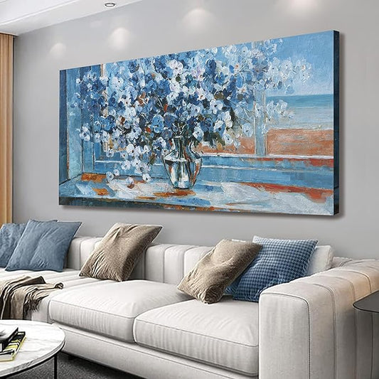 Wall Art Canvas Artwork Blue Flowers Pictures Wall Decor Canvas Prints Suitable For Living Room, Office, Bedroom, Kitchen, Can Be Hung Directly 20x40 Inch