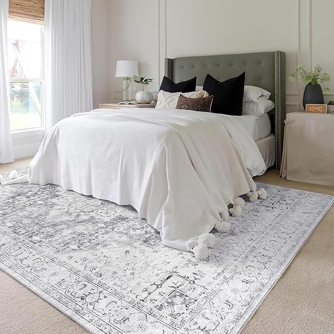 Light Grey Boho Area Rug 5x7 for Living Room Washable Distressed Damask Medallion Patterned Modern Area Rugs for Home Office Dining Room, Slate Blueish Gray and Cream, 5 x7