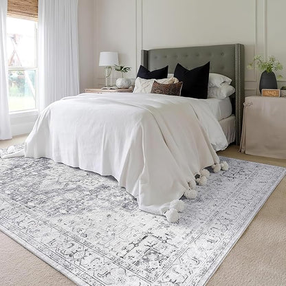 Light Grey Boho Area Rug 5x7 for Living Room Washable Distressed Damask Medallion Patterned Modern Area Rugs for Home Office Dining Room, Slate Blueish Gray and Cream, 5 x7