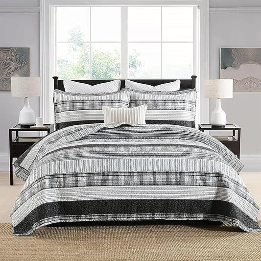 Homzard King Size Quilt,Black and White Striped Quilt King Size Bedding Set,Grey Bedding Set,Farmhouse Lightweight Comforter for Bed,100% Cotton All Season