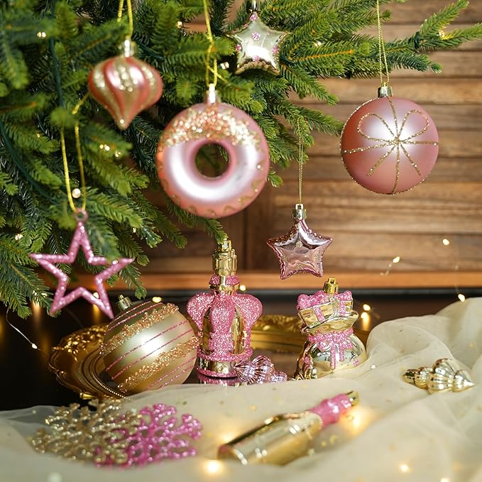SHareconn 70pcs 2025 Classic Christmas Balls Ornaments Set, Shatterproof Plastic Baubles, Ribbon and Tree Topper for Xmas Tree Holiday Wedding Party Decorations with Hanging Strings, Pink and Gold