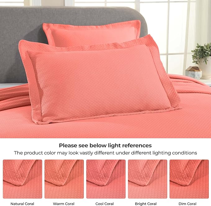 Superior Solitaire Cotton 3 Piece Bedspread Set, Home Bed Decor, Decorative Textured Bed Spread, 2 Pillow Shams, Airy Blanket, Matelasse Coverlet Bedding, All-Season Accent Blanket, King, Coral