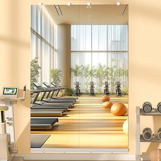 Hasipu Home Gym Mirror, 55"x17" Each, 2-Pack Frameless Wall Mounted Mirrors with Glass Clamps & Aluminum Rail, Large Body Mirror for Home Gym, Yoga Studio, Bedroom, Silver Tempered Glass