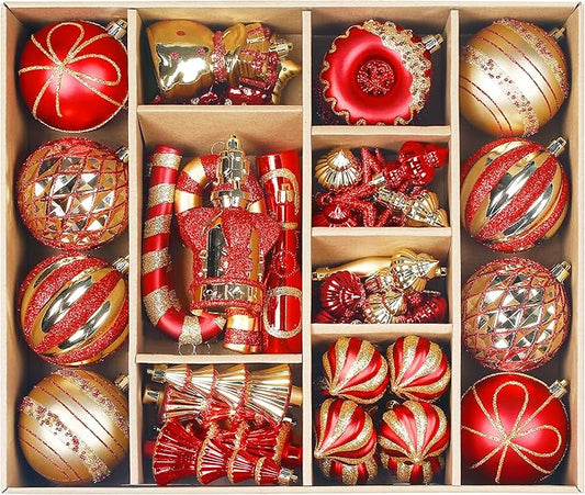 SHareconn 70pcs Christmas Balls Ornaments Set, Shatterproof Plastic Baubles, Ribbon and Tree Topper for Xmas Tree Holiday Wedding Party Decorations with Hanging Strings, Dark Red and Gold