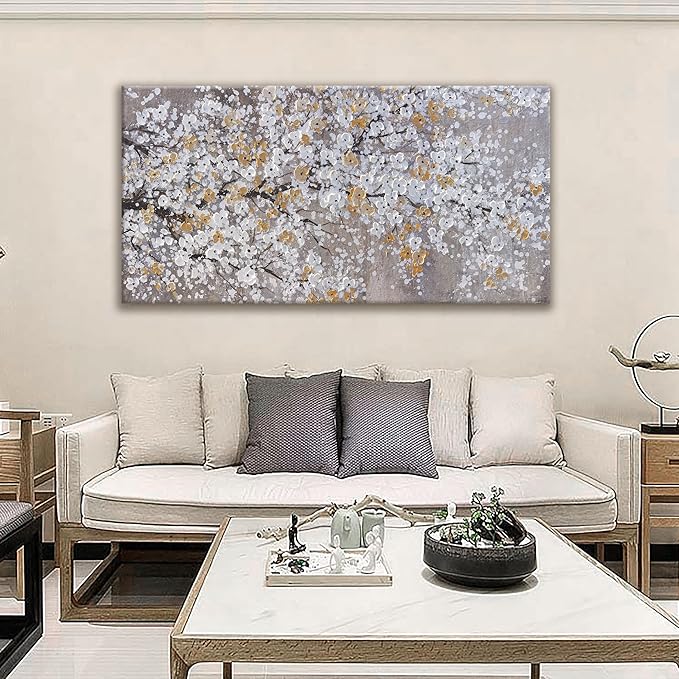 Botanical Wall Art Wall Decor Gold WhiteTree Flower Modern Canvas Art Print Abstract Artwork Pictures For Living Room Bedroom Bathroom Office Home Decor Can Be Hung Directly 24"X 48"