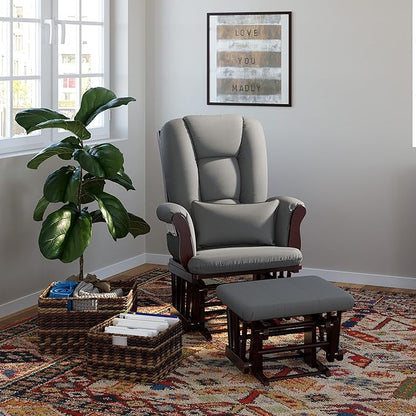 Storkcraft Tuscany Custom Glider and Ottoman with Free Lumbar Pillow (Espresso/Grey) - Cleanable Upholstered Comfort Rocking Nursery Chair with Ottoman
