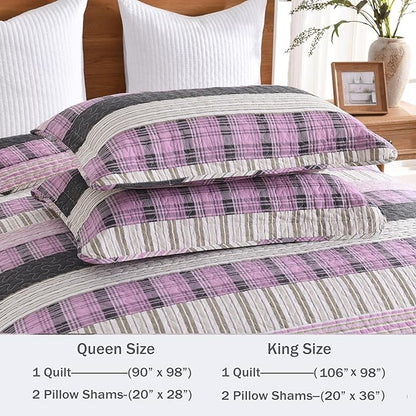 Homzard Queen Comforter Set，Cotton Quilts Queen Size，Pink Black Beige Bedding，Plaid Striped Bedspread，Lightweight Reversible Coverlet All Season 3 Pieces