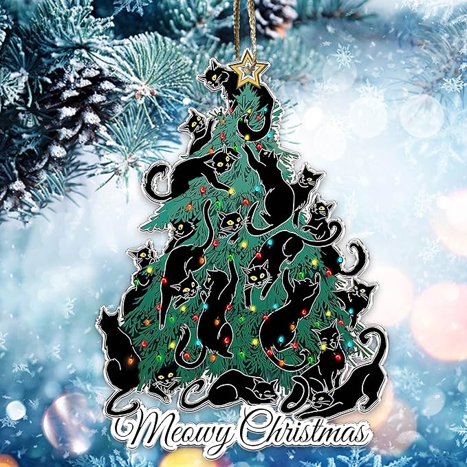 Black Cat Christmas Ornaments - Black Cat Xmas Decor Tree Hanging - 2024 Black Kitten Christmas Ornament (Meowy Christmas)