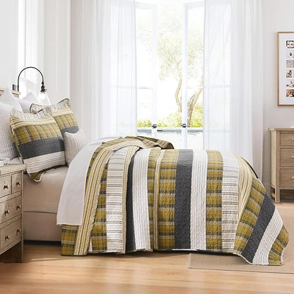 Homzard Queen Comforter Set，Cotton Quilts Queen Size，Amber Green Black Bedding，Plaid Striped Bedspread，Lightweight Reversible Coverlet 3 Pieces