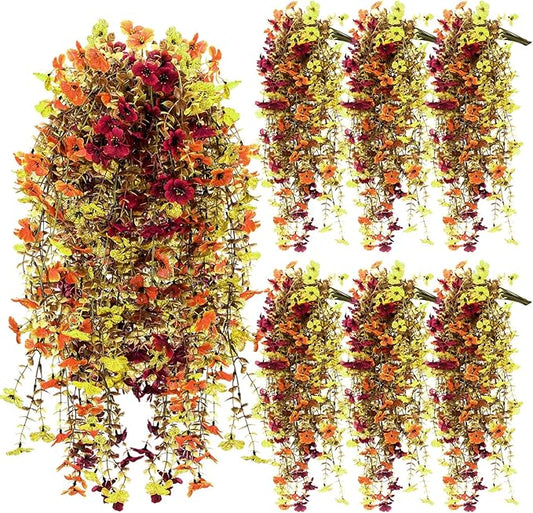 6 Pcs Artificial Fall Hanging Flowers Outdoor Silk Mum Plants Autumn Decor Faux Violet with Eucalyptus Realistic UV Resistant Trailing Vine Thanksgiving Porch Yard(Retro Color,Violet)