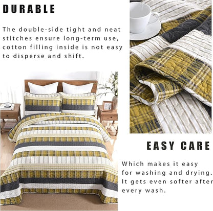 Homzard Queen Comforter Set，Cotton Quilts Queen Size，Amber Green Black Bedding，Plaid Striped Bedspread，Lightweight Reversible Coverlet 3 Pieces