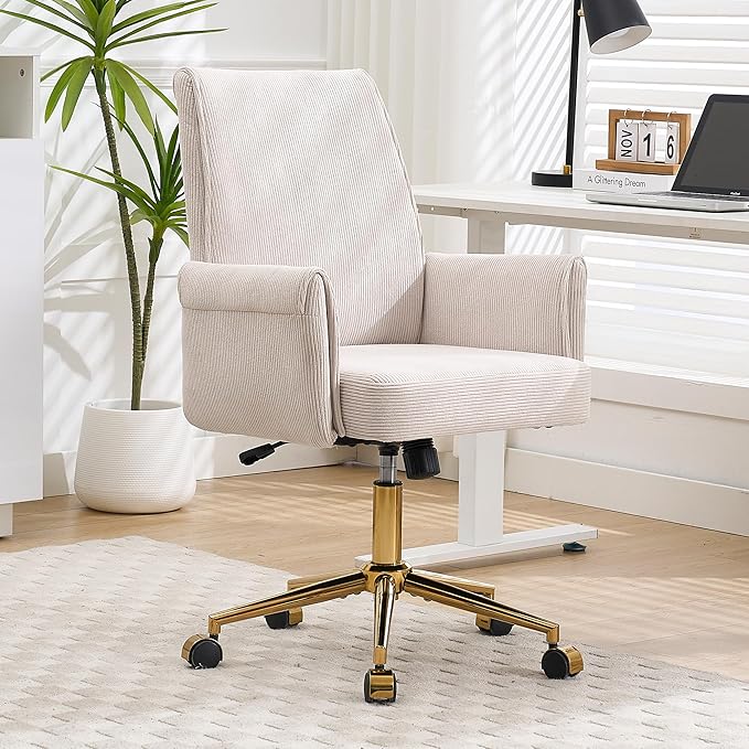 Striped Velvet Office Chair, 360° Swivel Ergonomic Task Chair with High Back, Gold Base and Wheels, Height Adjustable Modern Accent Chair for Home Office, Living Room, Study, Vanity Room (Cream)