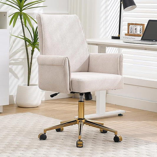 Striped Velvet Office Chair, 360° Swivel Ergonomic Task Chair with High Back, Gold Base and Wheels, Height Adjustable Modern Accent Chair for Home Office, Living Room, Study, Vanity Room (Cream)