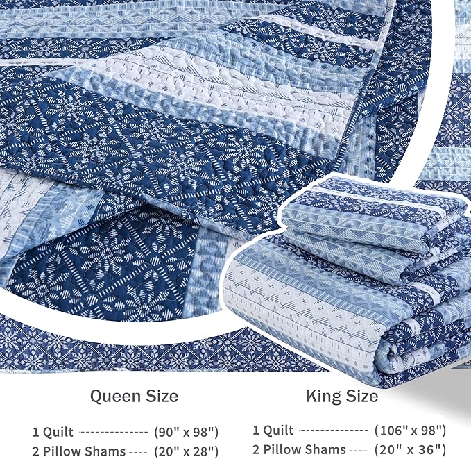 Homzard Quilts Queen Size,Blue White Snowflake Striped Quilt Bedspread Set,Cotton Boho Blue Comforter Set, Lightweight Comforter Queen Size (90 * 98 inches) and 2 Pillow Shams