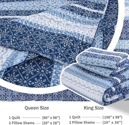 Homzard Quilts Queen Size,Blue White Snowflake Striped Quilt Bedspread Set,Cotton Boho Blue Comforter Set, Lightweight Comforter Queen Size (90 * 98 inches) and 2 Pillow Shams