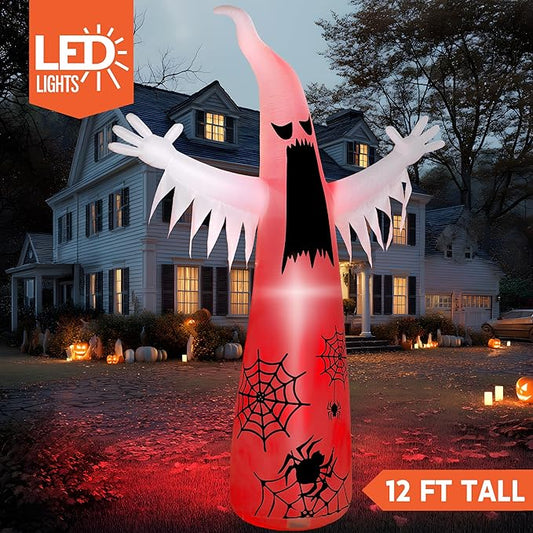 Joiedomi 12 FT Halloween Inflatables Giant Ghost Outdoor Decorations, Halloween Blow Up Ghost Yard Decorations with 3-Colored Flashing Flame Light for Lawn Party Scary Decor