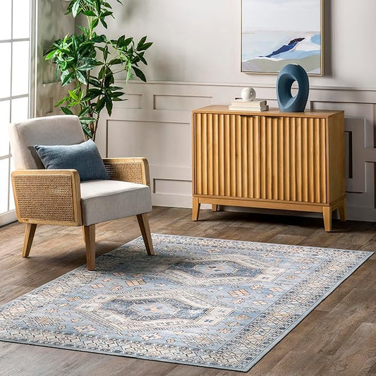 nuLOOM 5' x 8' SpinClean Machine Washable Stain-Resistant Area Rug with Non Slip Backing, Low Profile for Living Room, Bedroom, and Dining Room, Mae Light Blue