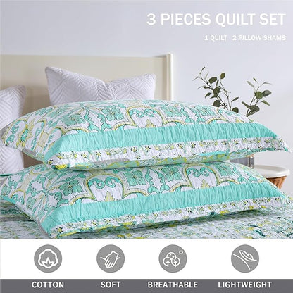 Homzard Sage Green Quilt King Size, Green Floral Quilt King，Cotton Comforter Set (106 * 98 Inches)