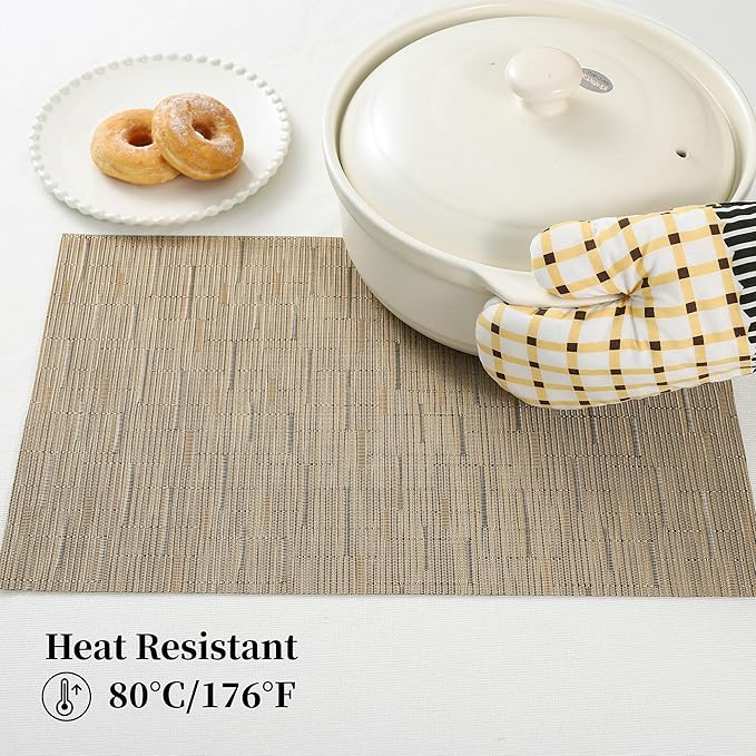 Leetaltree Light Brown Placemats Set of 8 - Heat Resistant Non-Slip Place mats for Dining Table, Washable Durable PVC Vinyl Woven Table Mats（Light Brown, 8）