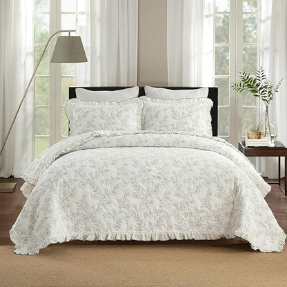 MarCielo 3-Piece 100% Cotton Bedspread Lightweight Quilt Coverlet Embroidery Farmhouse Bedding Set (Floral,King (106" X 98"))