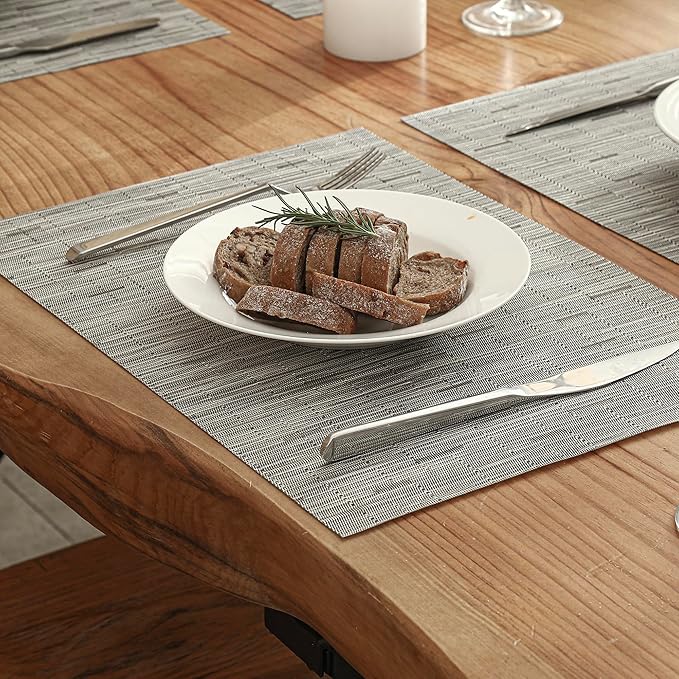 Leetaltree Sliver Placemats Set of 6 - Heat Resistant Non-Slip Place mats for Dining Table, Washable Durable PVC Vinyl Woven Table Mats（Sliver, 6）